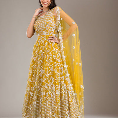 Yellow Pearlwork Net Gown