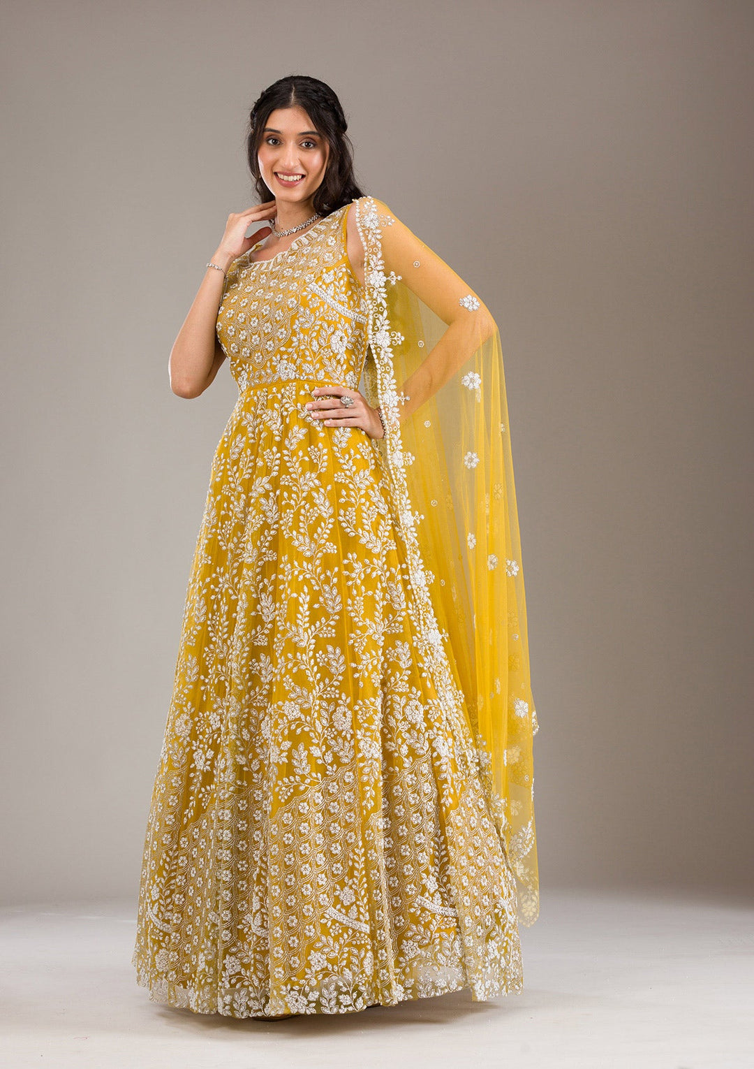 Yellow Pearlwork Net Gown