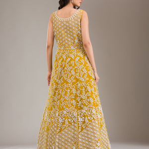 Yellow Pearlwork Net Gown