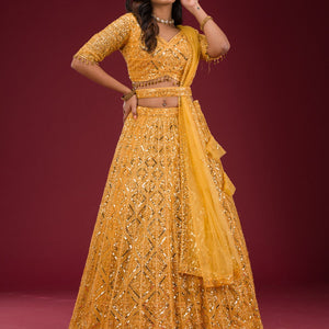 Yellow Sequins Net Readymade Lehenga