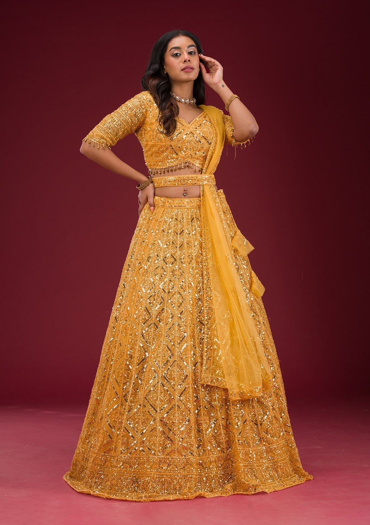 Yellow Sequins Net Readymade Lehenga