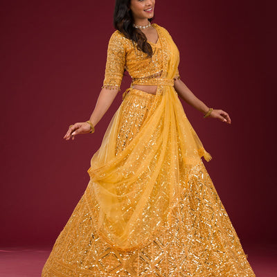 Yellow Sequins Net Readymade Lehenga