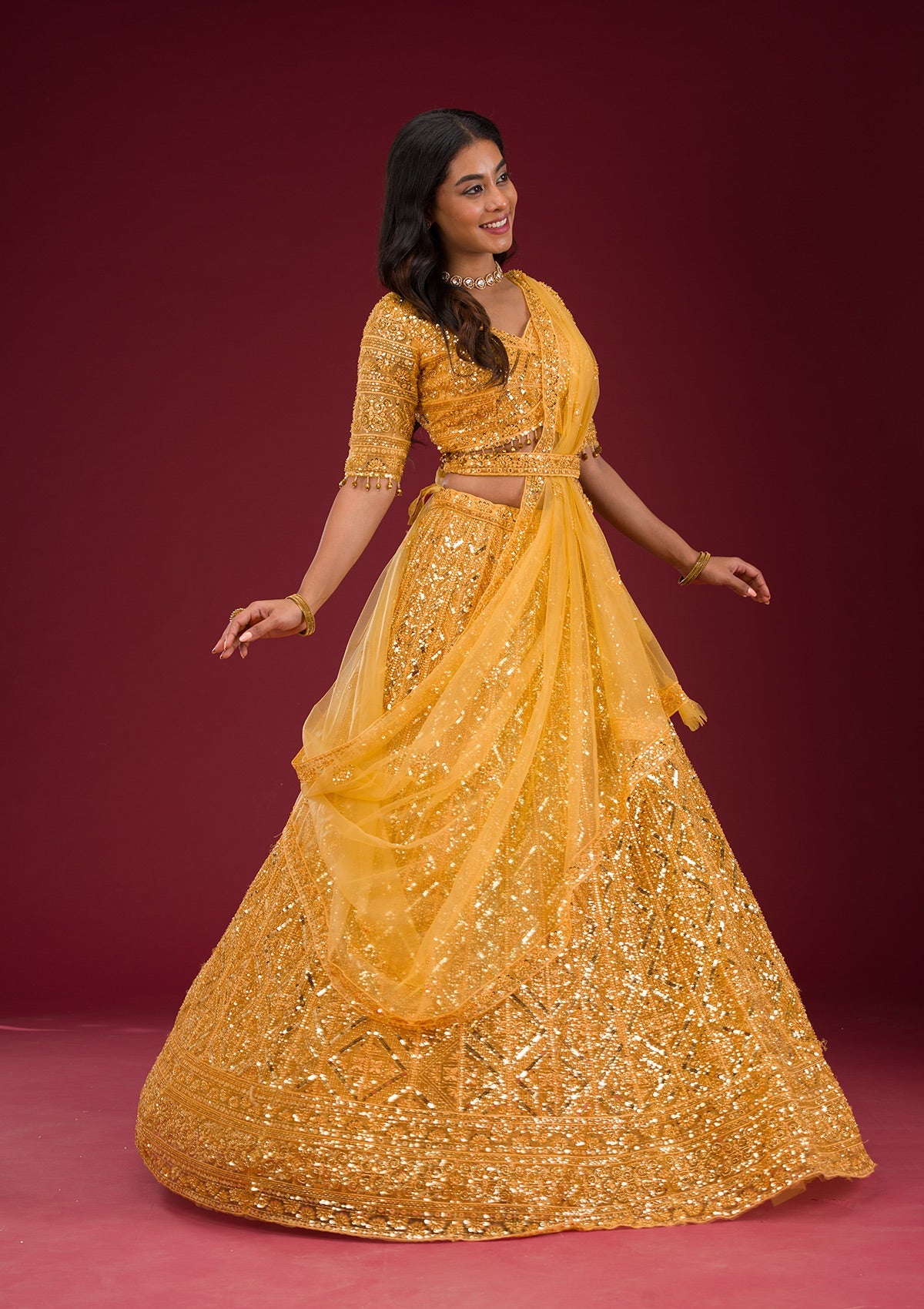 Yellow Sequins Net Readymade Lehenga
