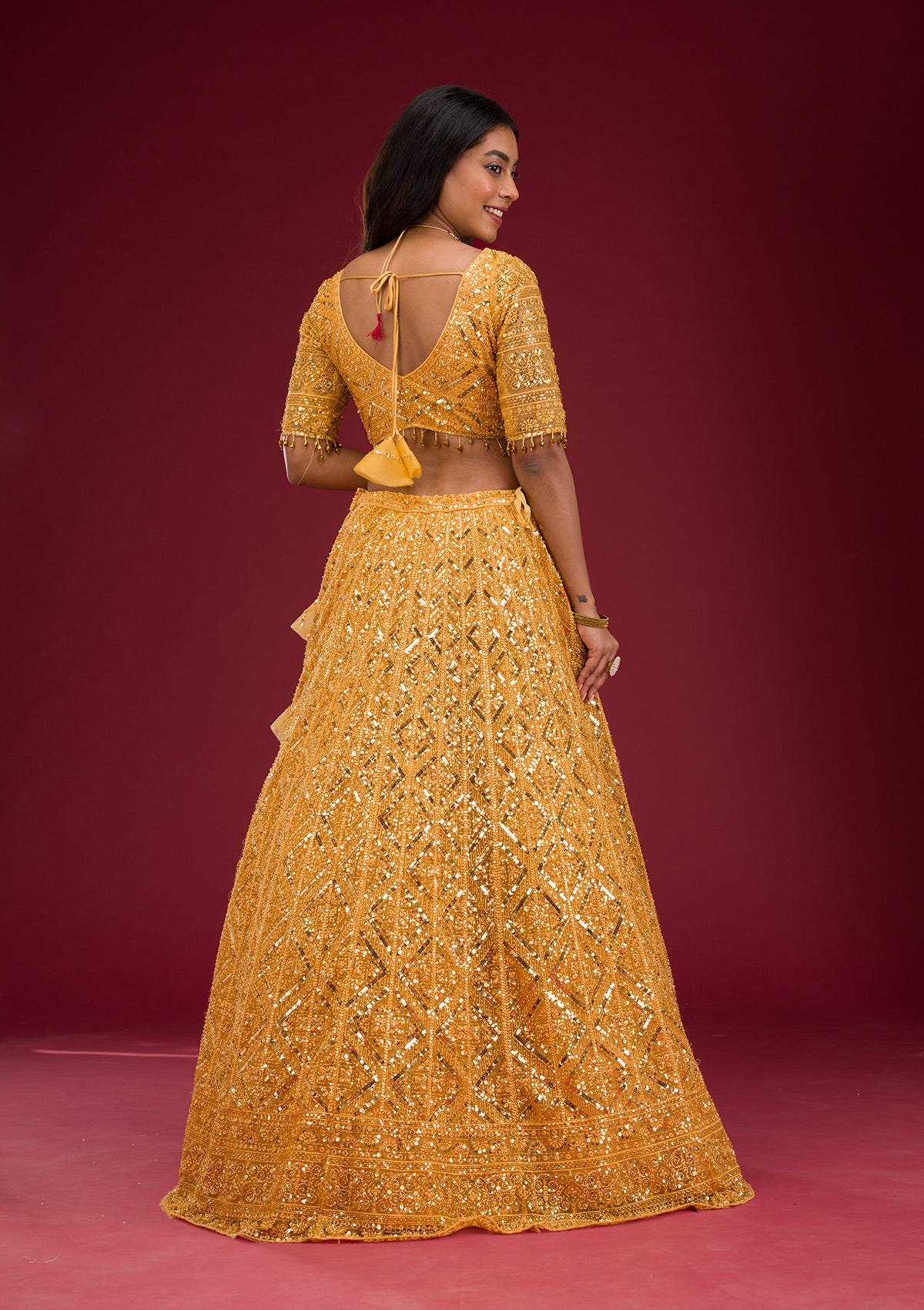 Yellow Sequins Net Readymade Lehenga