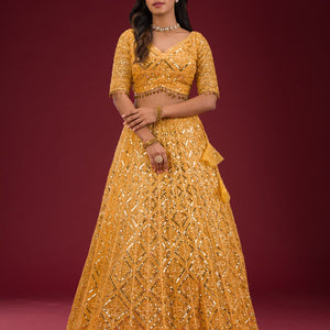 Yellow Sequins Net Readymade Lehenga