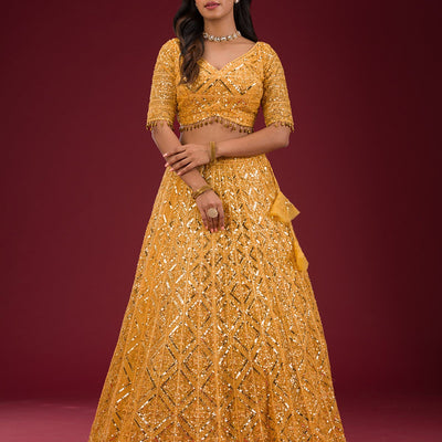 Yellow Sequins Net Readymade Lehenga