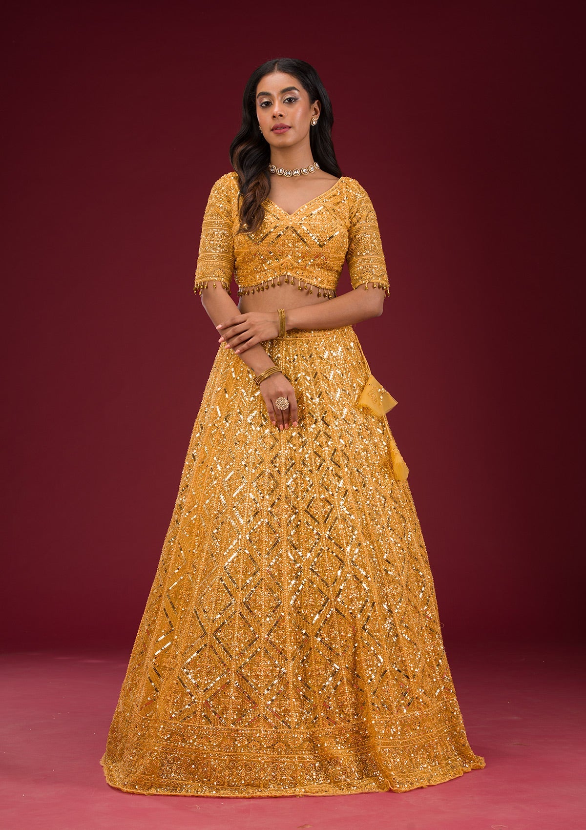 Yellow Sequins Net Readymade Lehenga