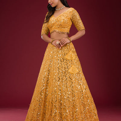 Yellow Sequins Net Readymade Lehenga