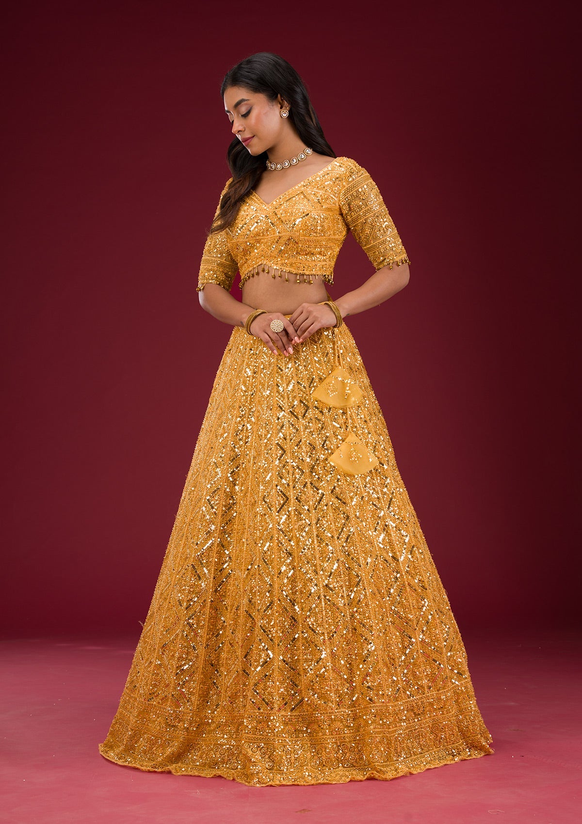 Yellow Sequins Net Readymade Lehenga