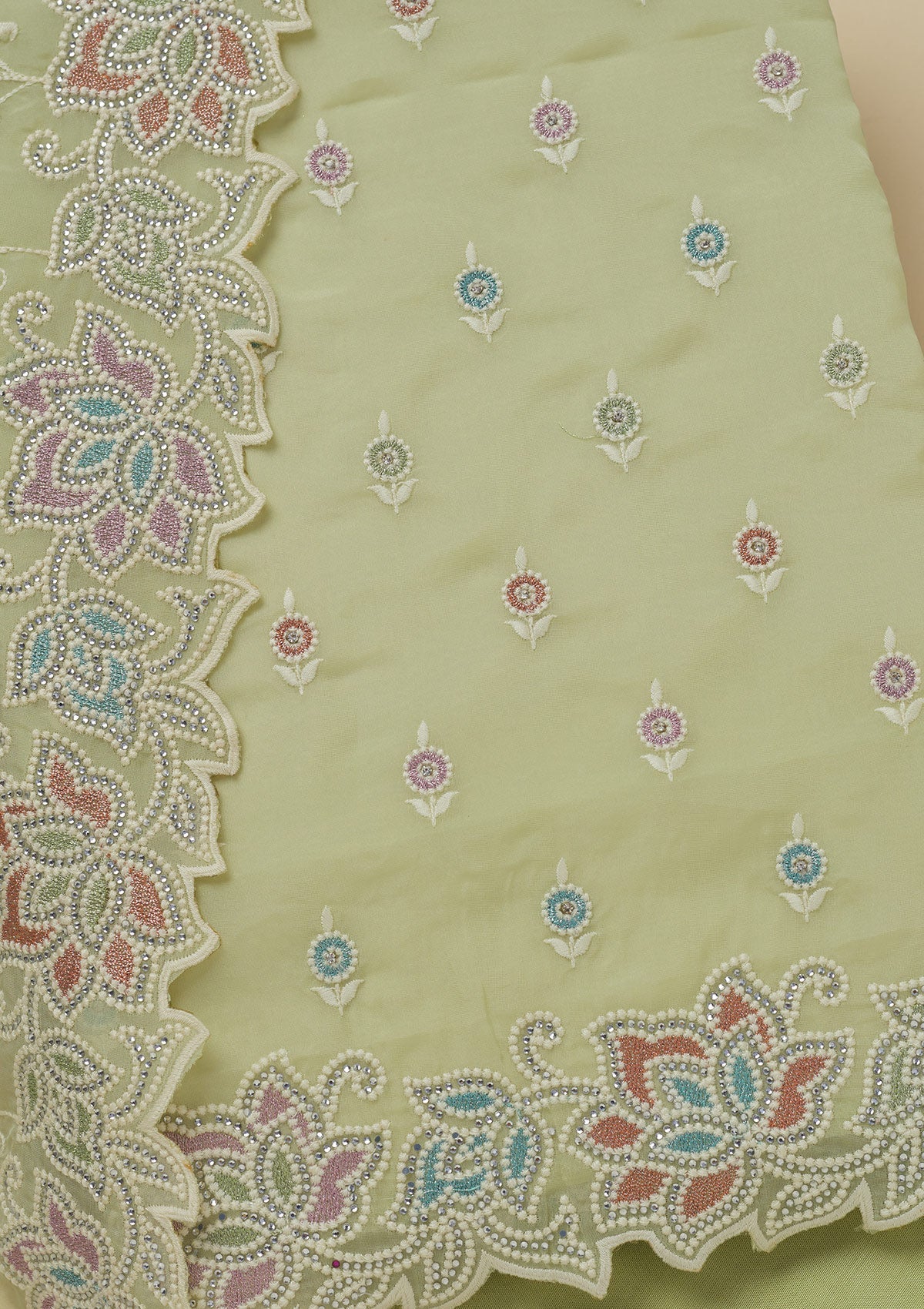 Pista Green Threadwork Organza Unstitched Salwar Suit