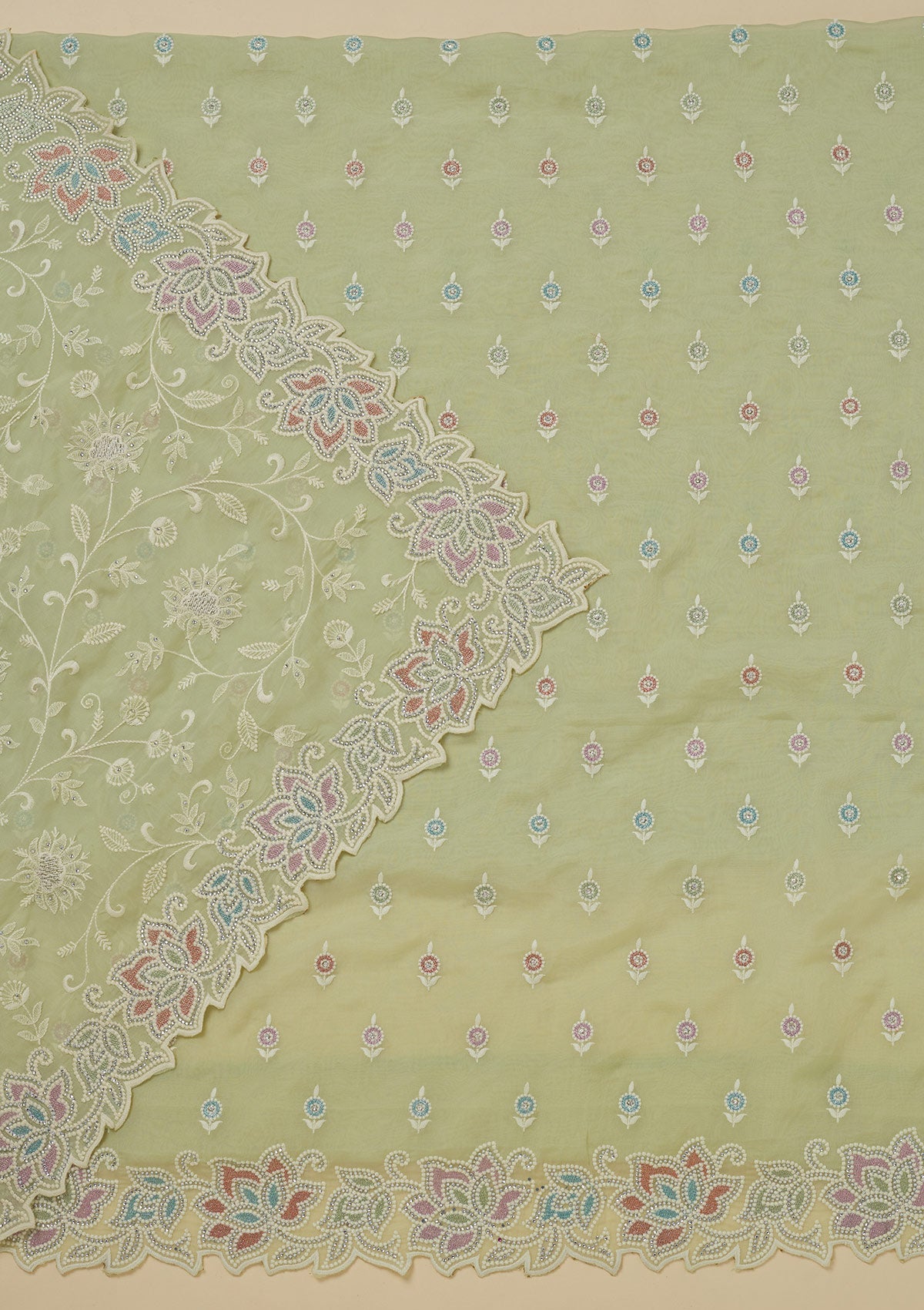 Pista Green Threadwork Organza Unstitched Salwar Suit