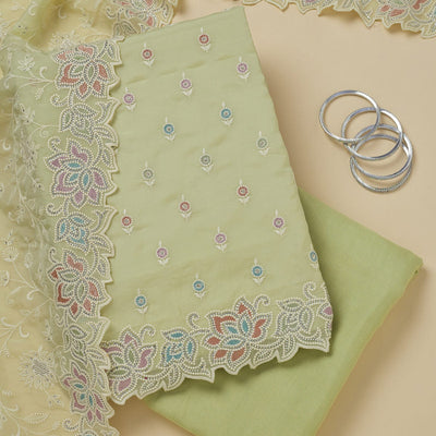 Pista Green Threadwork Organza Unstitched Salwar Suit