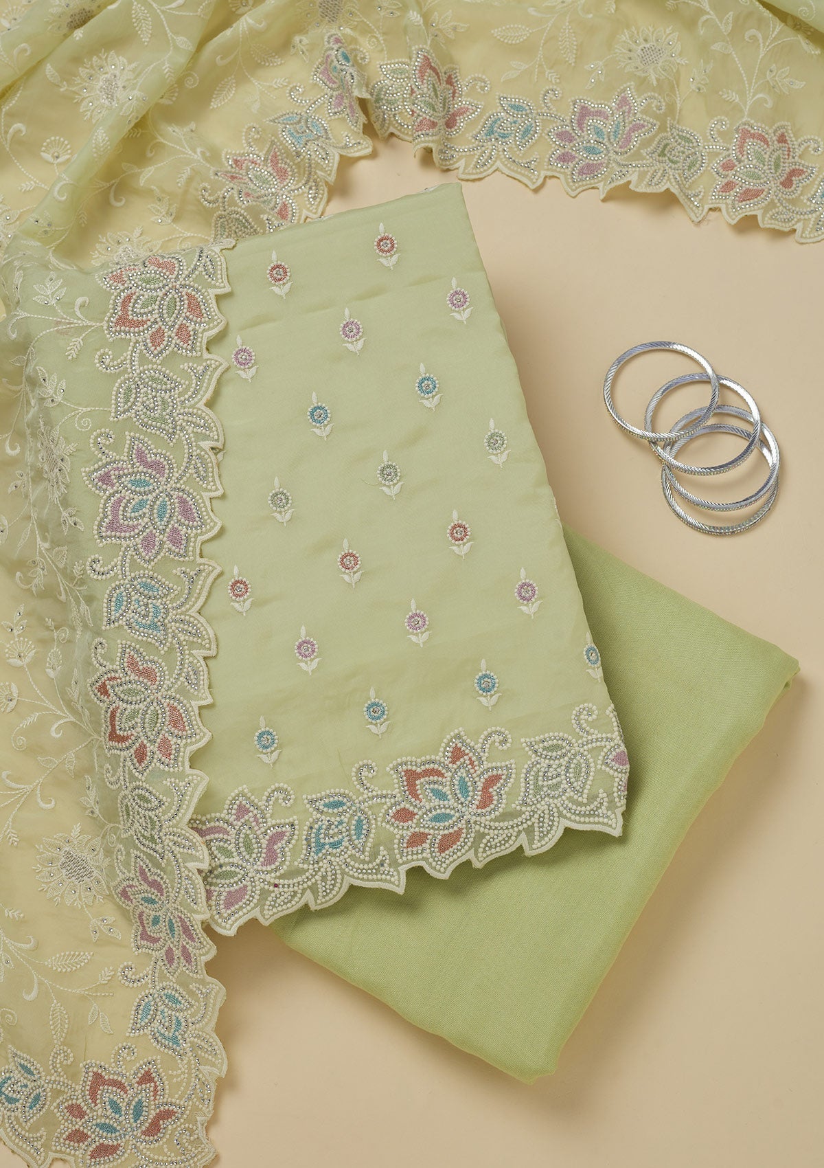 Pista Green Threadwork Organza Unstitched Salwar Suit