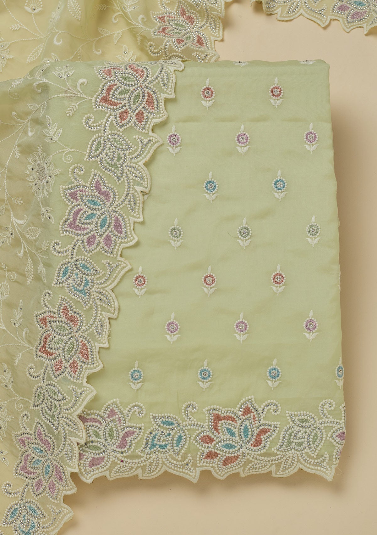Pista Green Threadwork Organza Unstitched Salwar Suit