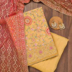 Yellow Threadwork Semi Crepe Unstitched Salwar Suit