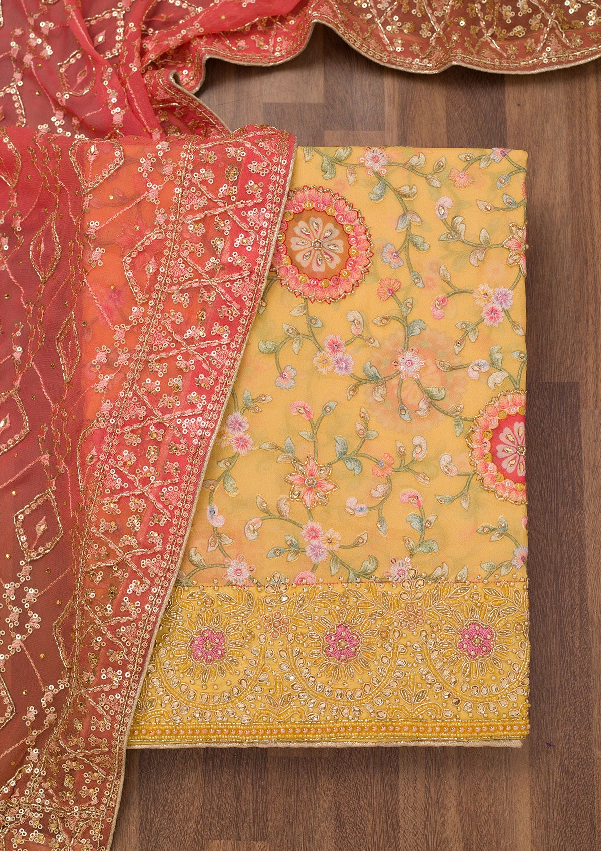 Yellow Threadwork Semi Crepe Unstitched Salwar Suit