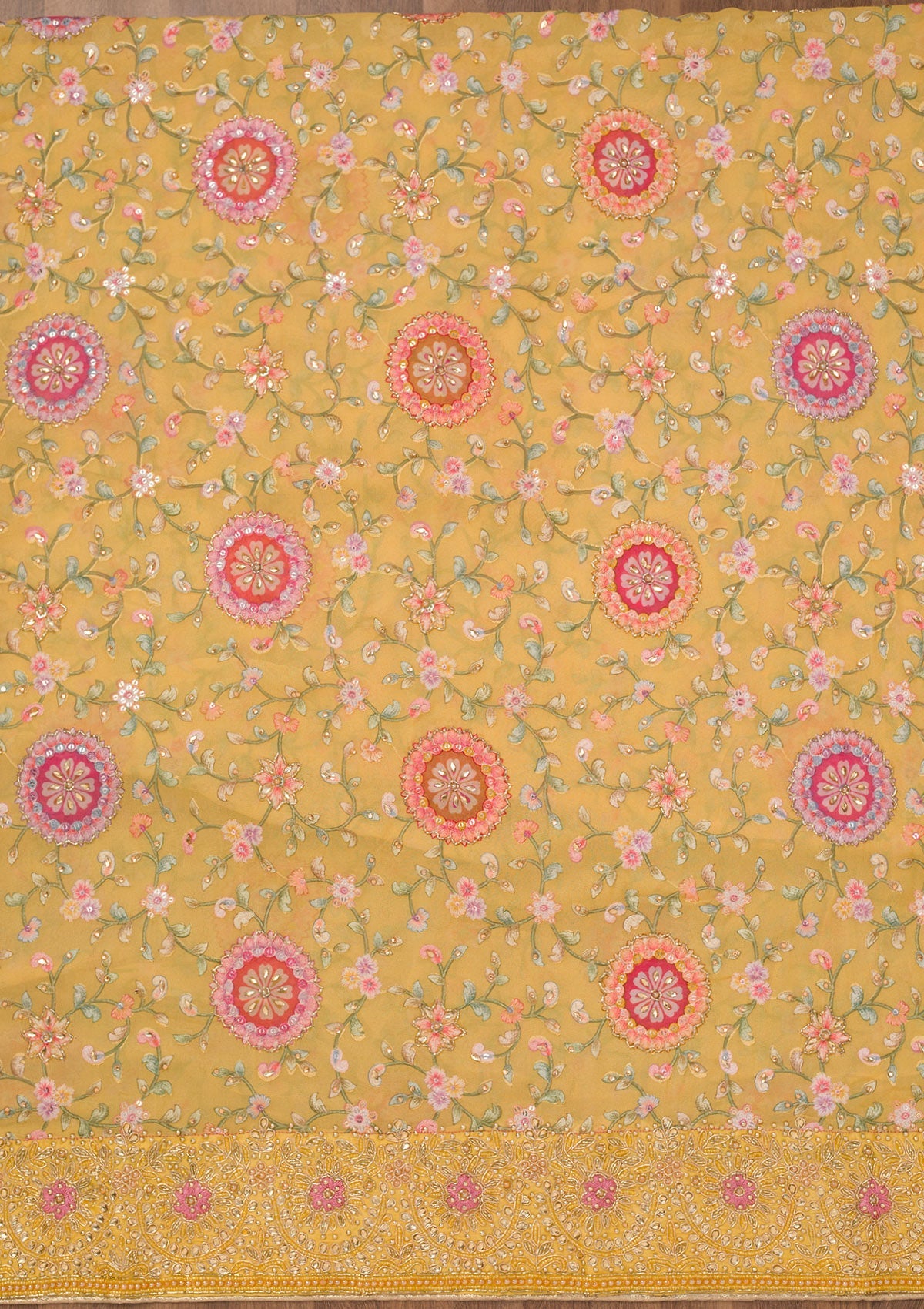 Yellow Threadwork Semi Crepe Unstitched Salwar Suit