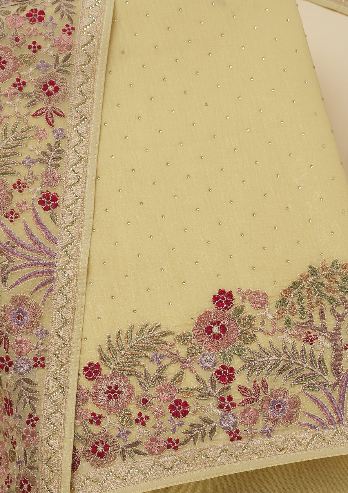 Yellow Threadwork Tissue Unstitched Salwar Suit