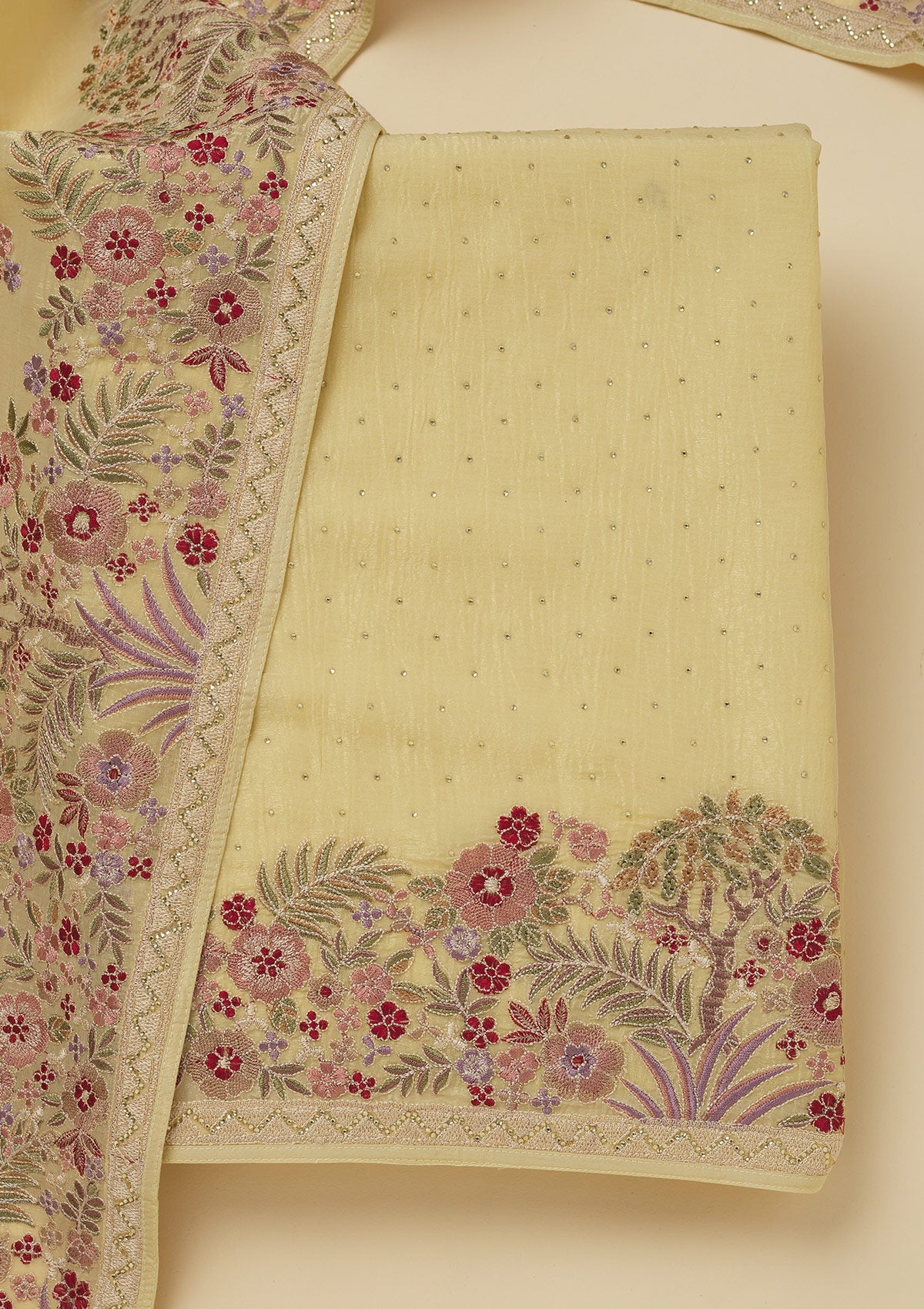 Yellow Threadwork Tissue Unstitched Salwar Suit