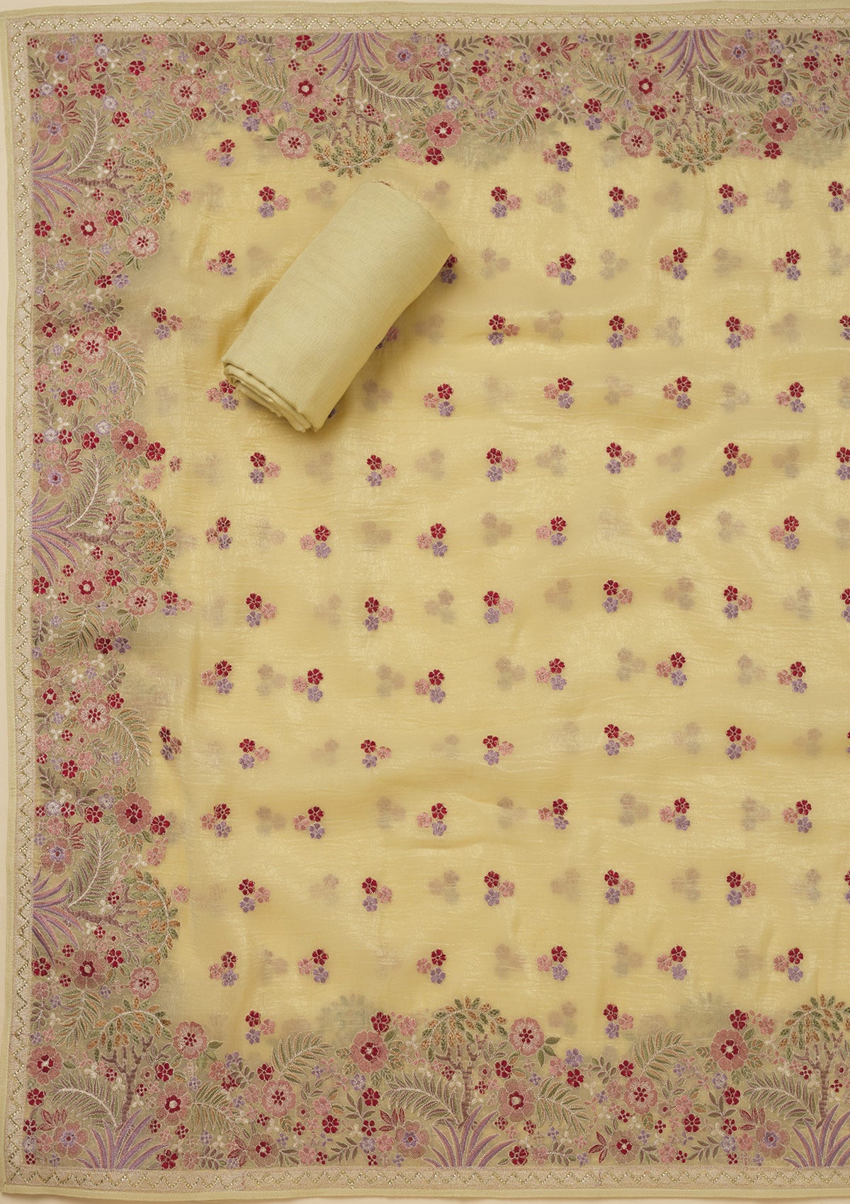 Yellow Threadwork Tissue Unstitched Salwar Suit