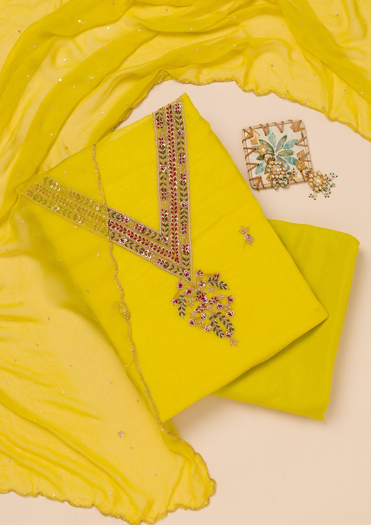 Yellow Threadwork Tissue Unstitched Salwar Suit