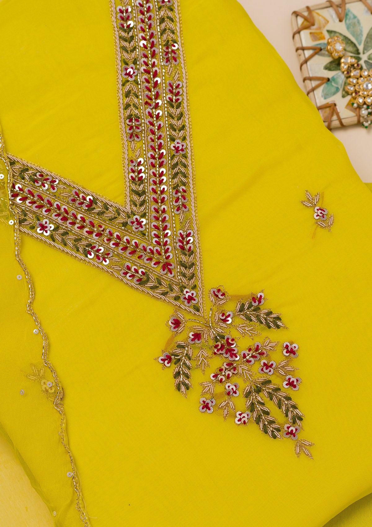 Yellow Threadwork Tissue Unstitched Salwar Suit