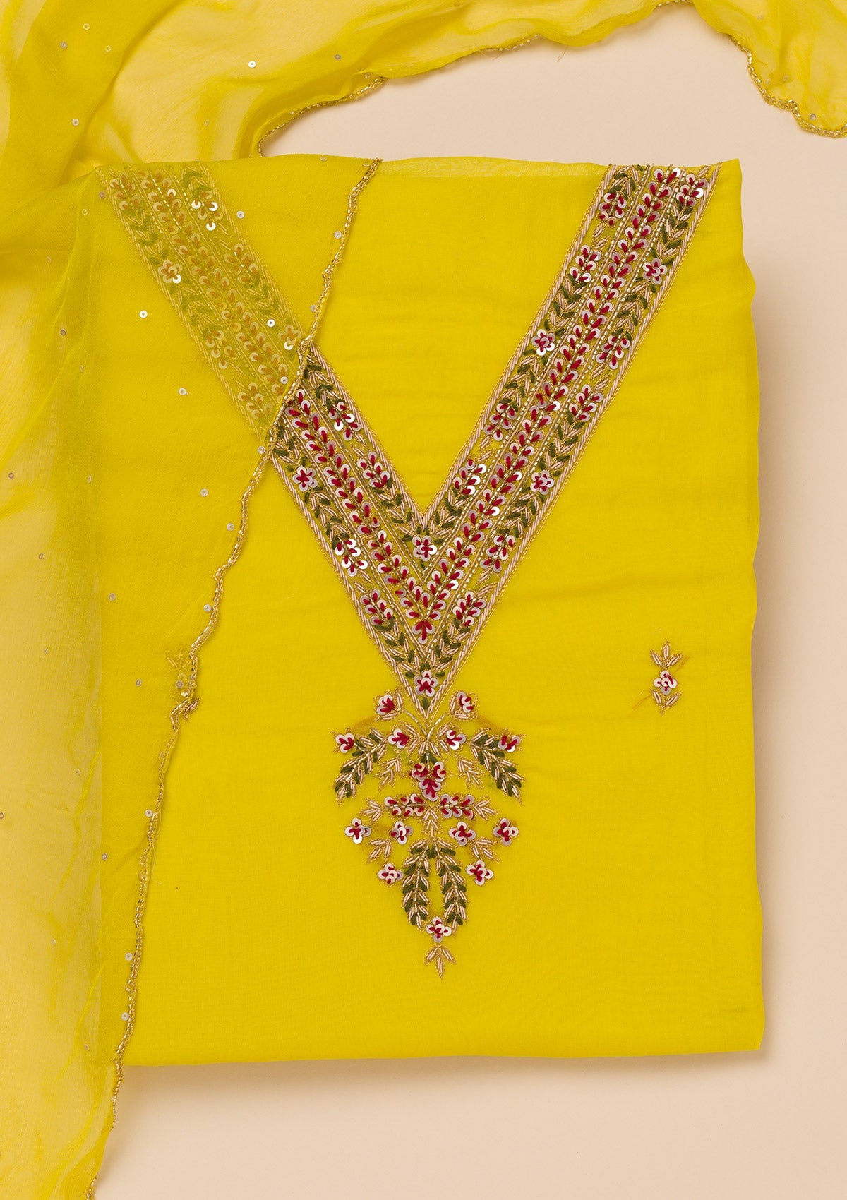 Yellow Threadwork Tissue Unstitched Salwar Suit