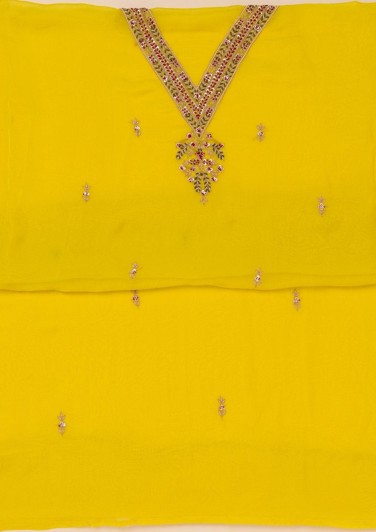 Yellow Threadwork Tissue Unstitched Salwar Suit