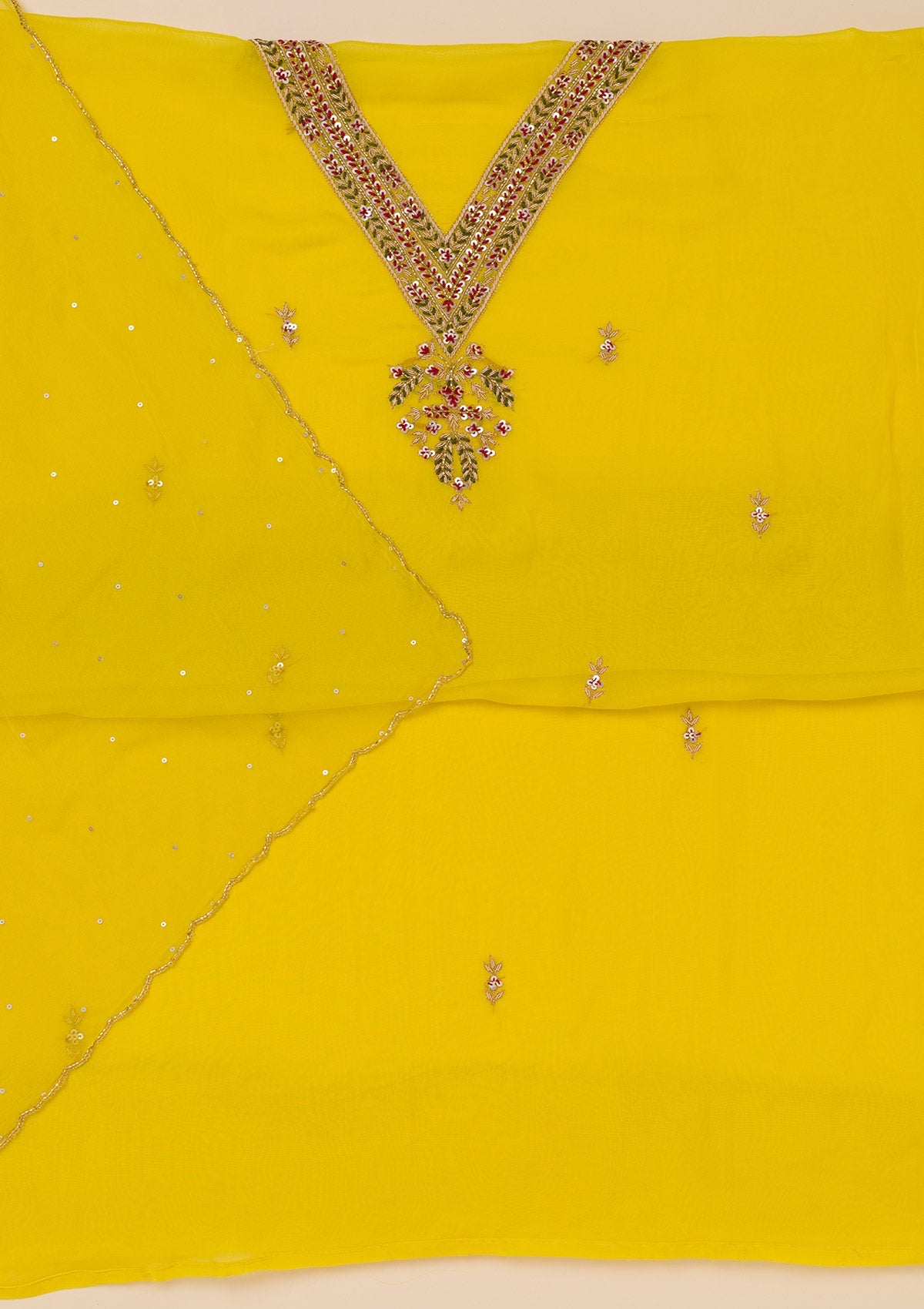 Yellow Threadwork Tissue Unstitched Salwar Suit