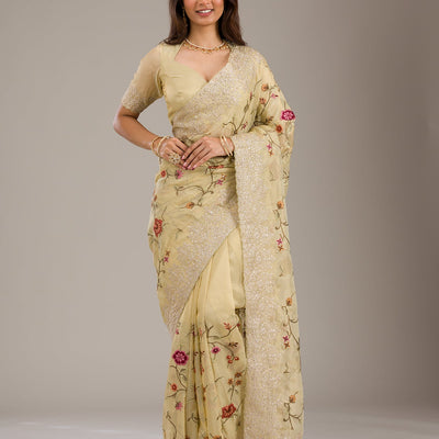 Yellow Threadwork Tissue Saree