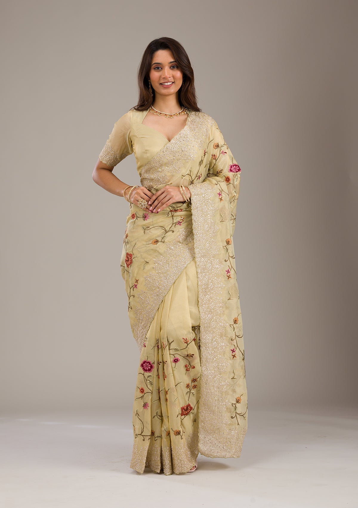 Yellow Threadwork Tissue Saree