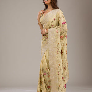 Yellow Threadwork Tissue Saree