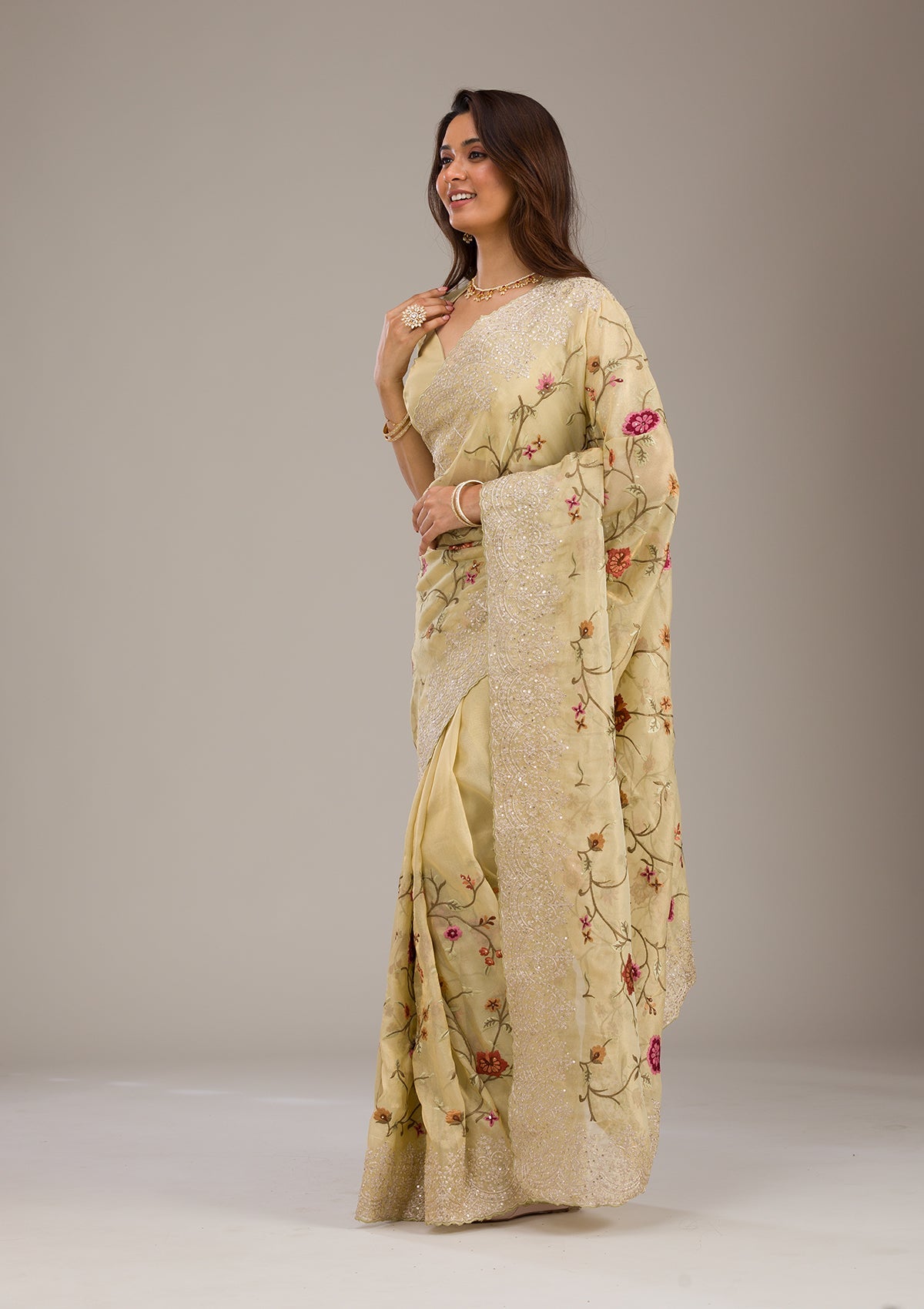Yellow Threadwork Tissue Saree