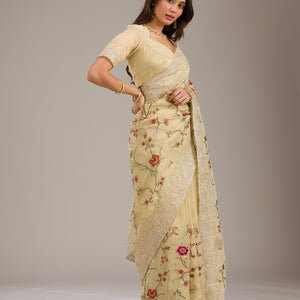Yellow Threadwork Tissue Saree