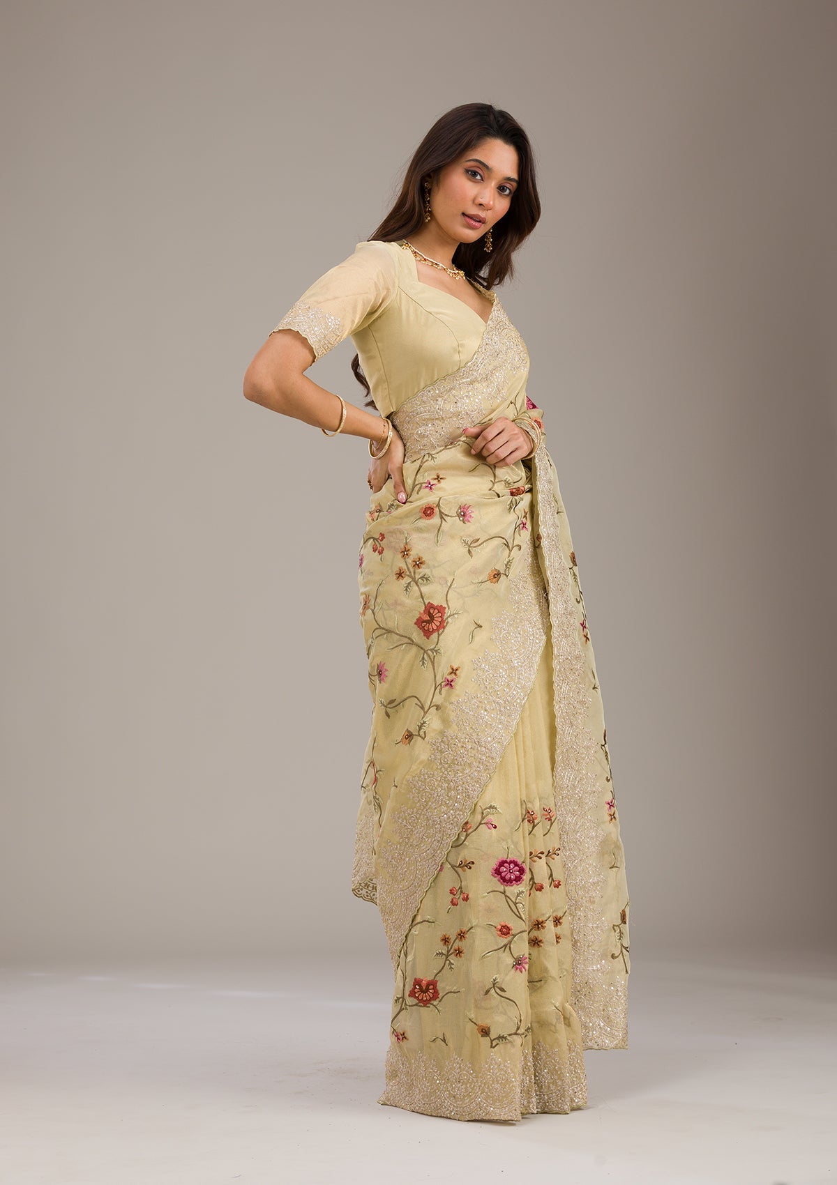 Yellow Threadwork Tissue Saree