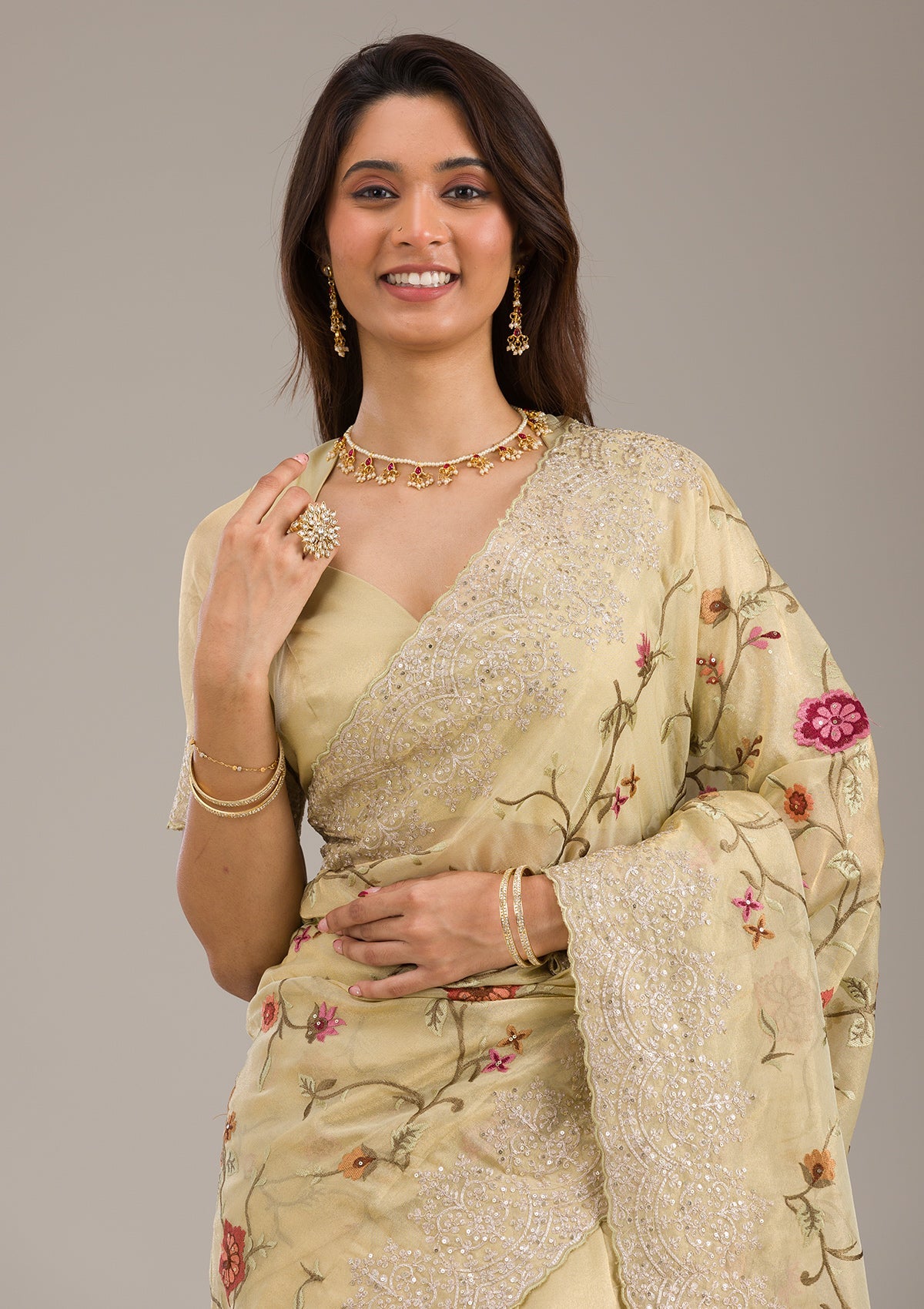 Yellow Threadwork Tissue Saree