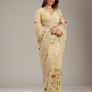 Yellow Threadwork Tissue Saree