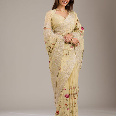 Yellow Threadwork Tissue Saree