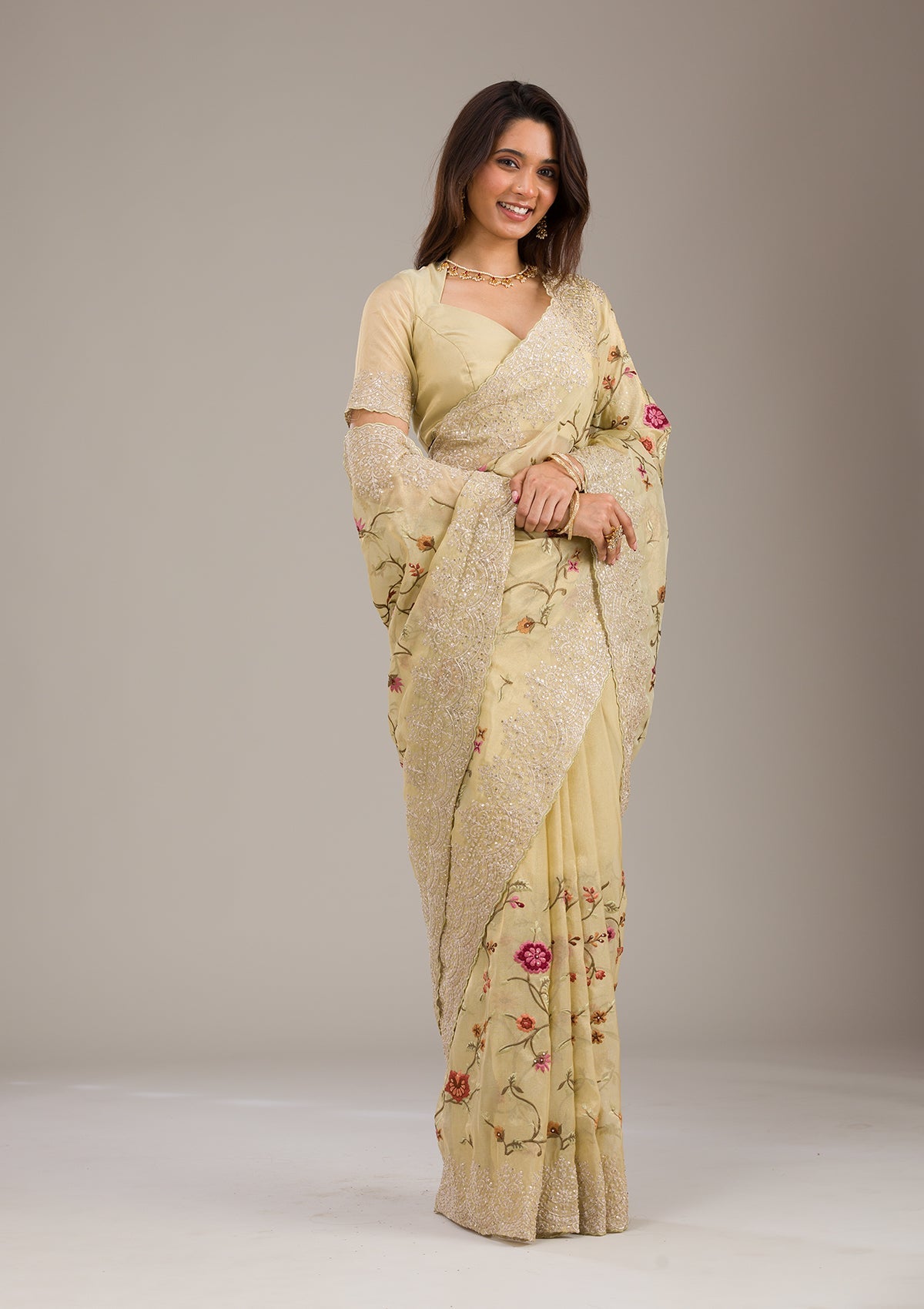 Yellow Threadwork Tissue Saree