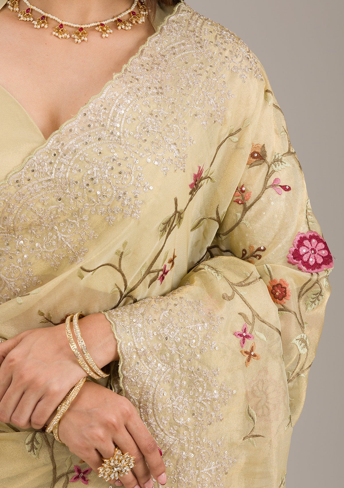 Yellow Threadwork Tissue Saree