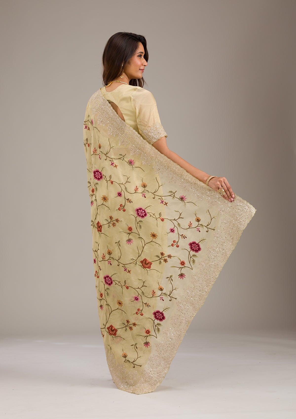 Yellow Threadwork Tissue Saree