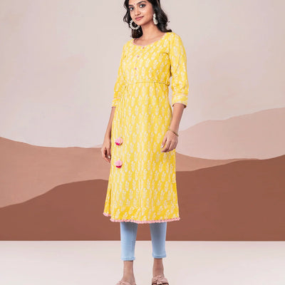 Yellow pin tuck cotton kurta with rope tassel tie up