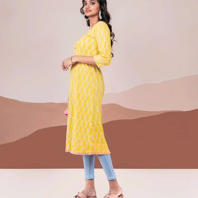 Yellow pin tuck cotton kurta with rope tassel tie up
