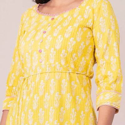 Yellow pin tuck cotton kurta with rope tassel tie up