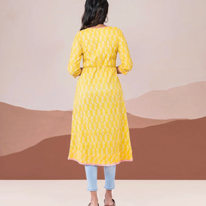 Yellow pin tuck cotton kurta with rope tassel tie up