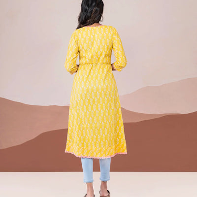 Yellow pin tuck cotton kurta with rope tassel tie up