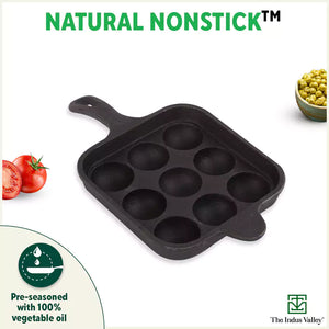 9 Pit/Cup CASTrong Cast Iron Paniyaram/Appe pan+ Free Spatula, Square, Long handle, Pre-seasoned, Nonstick, 100% Pure, Toxin-free, 18.5cm, 2.4kg