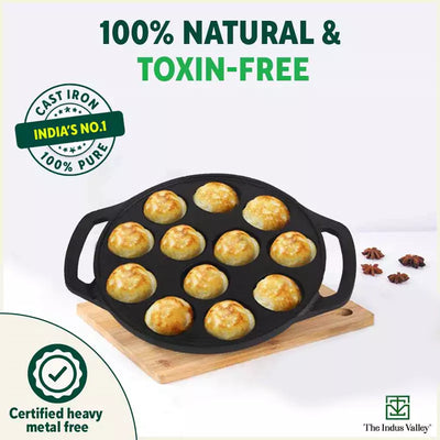 12 Pit/Cup CASTrong Cast Iron Kuzhi Paniyaram/Paddu Pan/Appe Maker+ Free Spatula, Pre-seasoned, 100% Pure, Toxin-free, 21 cm, 2.2 kg