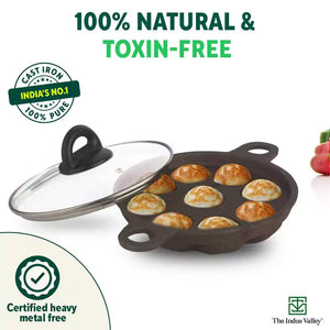 9 Pit/Cup CASTrong Cast Iron Paniyaram/Appe Pan+ Glass Lid, Pre-seasoned, Natural Nonstick, 100% Pure, Toxin-free, 21 cm, 2.7 kg