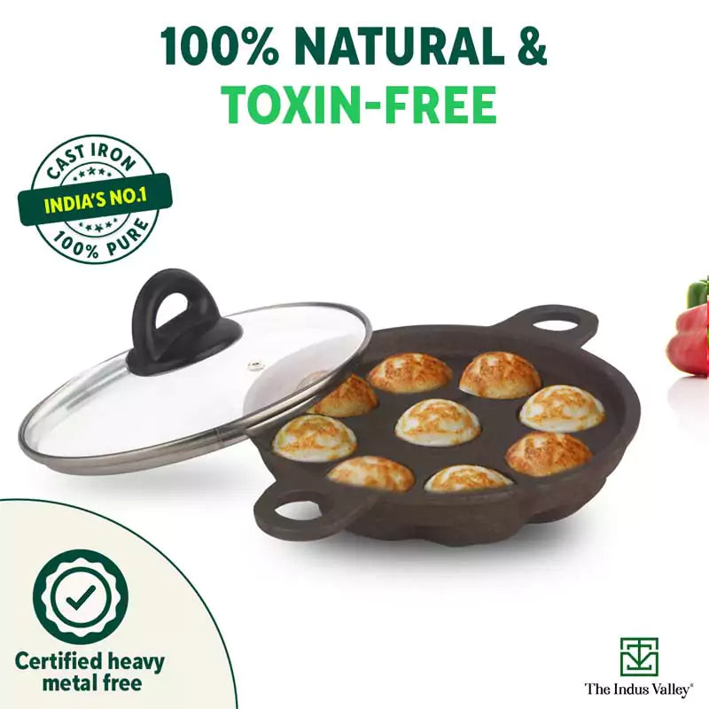 9 Pit/Cup CASTrong Cast Iron Paniyaram/Appe Pan+ Glass Lid, Pre-seasoned, Natural Nonstick, 100% Pure, Toxin-free, 21 cm, 2.7 kg